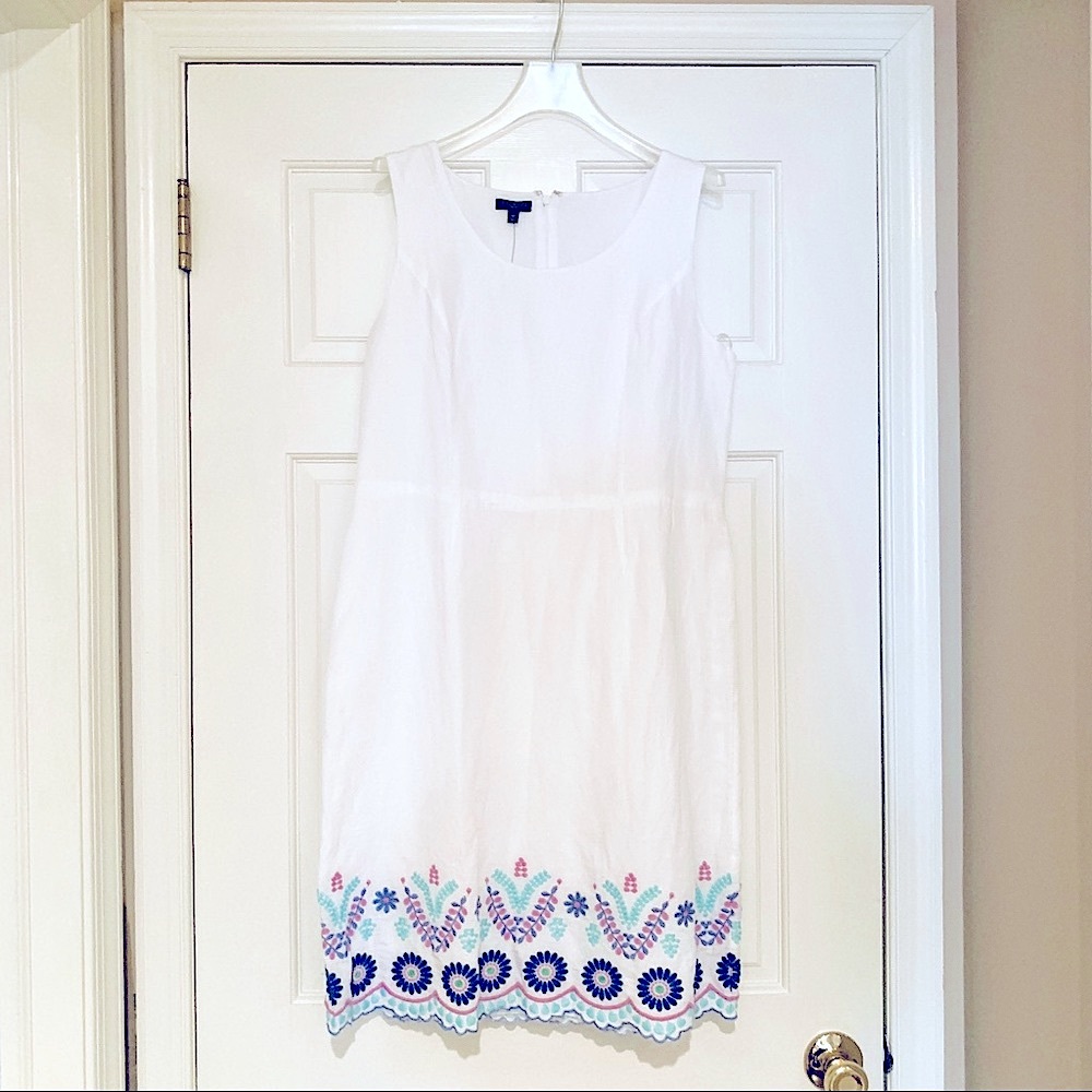 TALBOTS White Dress - Linen Embroidered Scalloped Hem Lined Tank  Size 8 Petite